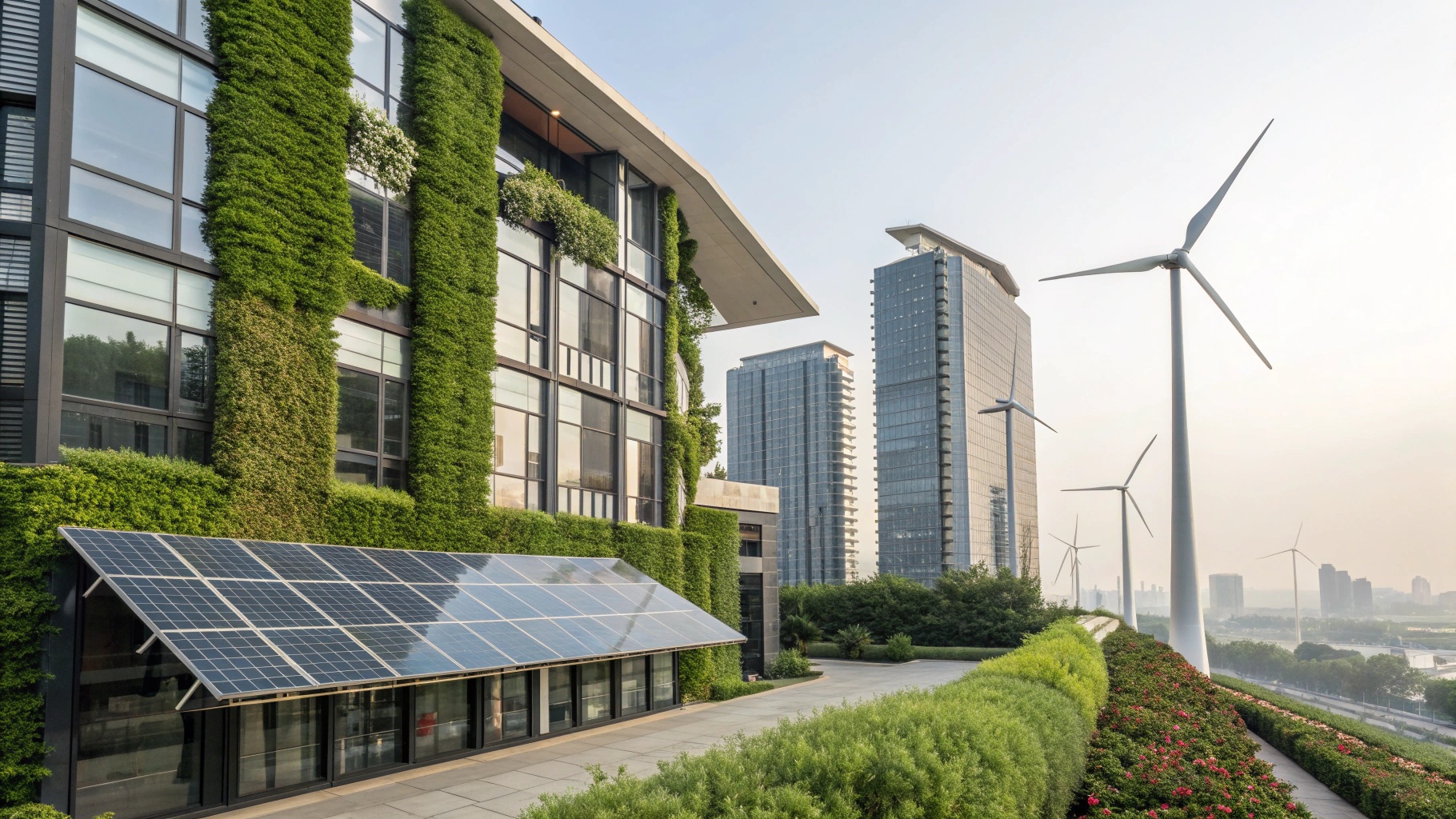 Modern sustainable building with renewable energy features