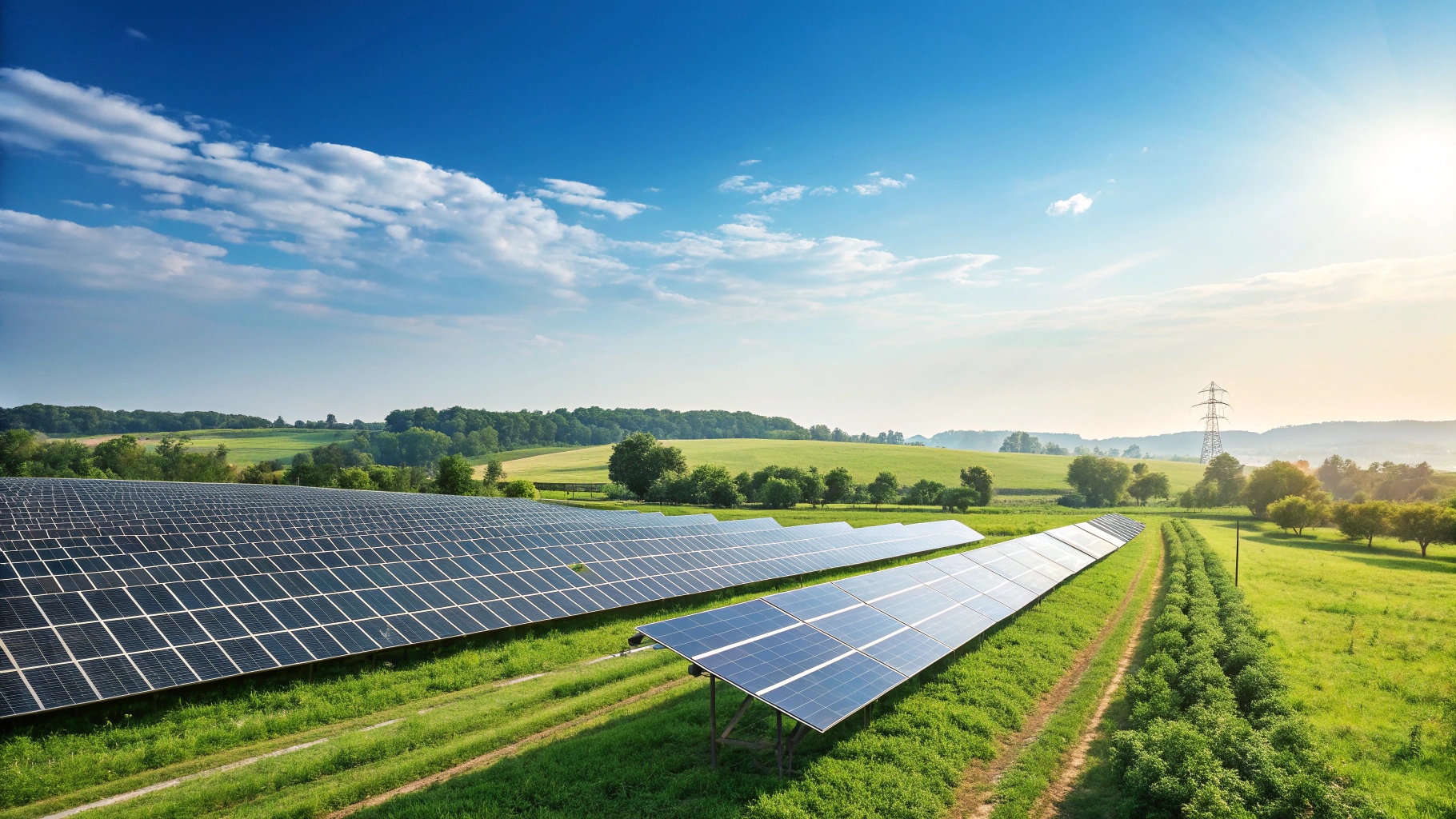 Solar panel farm in India with blue sky and green landscape